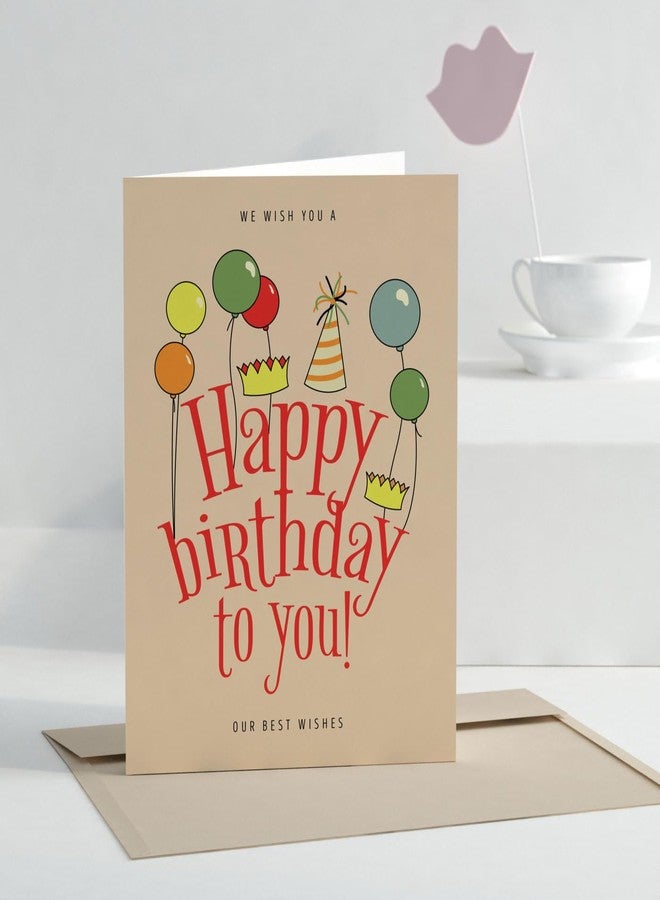 MAKEPHOTOGIFTS بطاقة معايدة عيد ميلاد سعيد من MAKEPHOTOGIFTS مع ظرف - مقاس A5، فارغة من الداخل، بتصميم بالون ملون وقبعة حفلات، بطاقة عيد ميلاد فاخرة للأصدقاء والعائلة والزملاء - Image 1